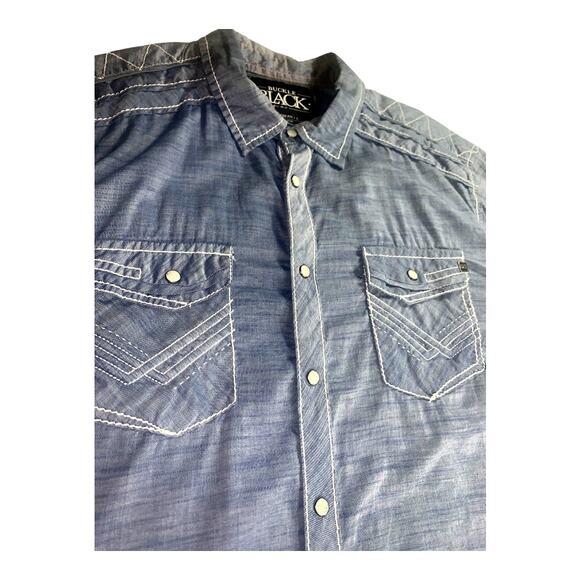 The Buckle Black Blue Denim Long Sleeve Pearl Snap Shirt Embroidered Lt Weight L - Picture 4 of 7